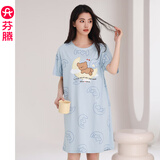 芬腾睡裙女士夏季薄款短袖纯棉大码可爱睡衣家居服全棉女款连衣裙 FX25290103灰兰 XL 建议:125-145斤
