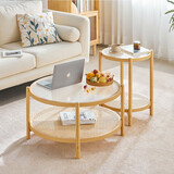 竹庭日式圆形实木藤编玻璃茶几客厅家用小户型简约现代沙发边几小茶桌 寻觅圆形茶几组合【原色】