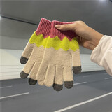 慕衣宾士韩版情侣毛线手套男冬季加厚加绒保暖手套女冬天五指触屏手套骑行学生可爱防寒手套 米色 均码（男女通用）