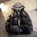 柯菲沃 PU皮棉衣男秋冬季新款加厚保暖连帽棉袄外套男潮牌韩版宽松百搭青少年学生情侣款假两件皮棉袄外套 二罗-751皮棉服黑色 XL