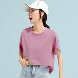 米子旗短袖t恤女凉感2025新款夏半袖体恤宽松版纯棉ins潮流小熊慵懒风 5143左袖小5250右下摆 树莓色 L 110-120斤