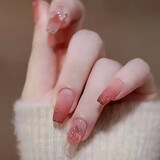 穿戴式美甲成品指甲贴片2025年新款短款中长冰透色法式送工具包 豆沙爱心蝴蝶 24片 【送工具包】