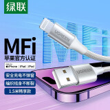 绿联（UGREEN）【MFi认证不弹窗】苹果充电线快充数据线 通用iPhone14/13Pro/12/11手机iPad平板车载USB充电器线 USB编织线-【极光银】-1.5米 苹果MFi认证-编织更