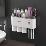 QUNEST双挤牙刷架免打孔浴室置物架牙膏牙杯架卫生间壁挂式磁吸牙缸套装 3杯款灰色+单挤牙膏器+杯贴