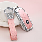 镶钻奔驰钥匙套C200C260L E300L GLC300GLA200GLE350S350钥匙包壳 奔驰镶钻粉色真皮钥匙套+镶钻双用钥匙扣
