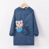 派依兔罩衣儿童秋冬加长款4-8岁童罩衣围裙中大童防水画画衣反穿衣长袖 中长可爱小熊牛仔蓝 3xl码建议身高 138-145厘米