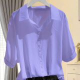 元乐申雪纺短袖衬衫女夏季薄款新款高级感法式V领中袖上衣 紫色 6188 3XL 建议140-155斤
