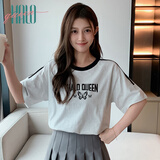 Halo Queen短袖T恤女美式复古夏季薄款T恤运动插肩袖中长款上衣H144T1728