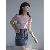 EGGKA正肩短袖T恤女短款新款夏修身显瘦体恤打底纯色上衣 粉红色-方领E22T004AE S