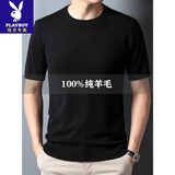 花花公子（PLAYBOY）男士100纯羊毛衫春秋冬季薄款圆领短袖t恤休闲宽松毛衣打底衫 黑色 XL 175推荐135-150斤