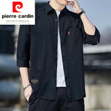 皮尔卡丹品牌夏季短袖纯棉工装衬衫外套男士七分袖薄款百搭宽松休闲衬衣t 黑色 XL 125-140斤