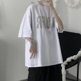 嘉晔五分袖男夏季短袖T恤男学生韩版潮流港风ins卡通情侣半袖上衣体恤 白色kp537 XL