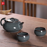 灵青坊青瓷泡茶壶手工茶壶单壶大号陶瓷高档单人功夫茶具家用大容量套装 铁胎藏青一壶两杯