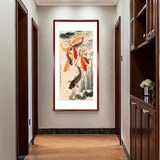 玩易 张大千柿柿如意走廊过道新中式玄关装饰画竖版山水壁画客厅挂画 九鱼图 63*123cm（卡纸精裱，胡桃色框）