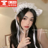 海伊朵万圣节发箍猫耳朵铃铛发箍毛绒日系蝴蝶结头饰猫系女友主播Lolita 白铃铛蕾丝长飘带发箍+脖铃套装