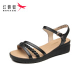 红蜻蜓女凉鞋夏季休闲坡跟女鞋透气妈妈凉鞋编织软底 WTK9194黑色35