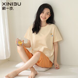 新一步（XINYIBU）纯棉睡衣女士夏季短袖七分裤薄款卡通印花休闲可外穿家居服套装 33070-杏香黄 L