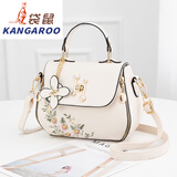 袋鼠简约时尚绣花女包秋季手提小包包甜美淑女单肩斜挎包 白色