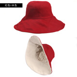 格微诗 帽子渔夫帽女纯棉夏天韩版日系百搭大沿太阳帽遮脸网红双面防晒遮阳帽 红色+米色