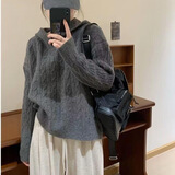 茯见毛衣女春秋麻花连帽毛衣女外套复古慵懒高级感纯色套头针织衫上衣 灰色均码