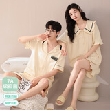 猫人情侣睡衣女夏季纯棉短袖短裤韩版可爱开衫可外穿薄款家居服套装 24123杏色 XL 男(建议130-150斤)