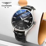 冠琴（GUANQIN）手表男士全自动机械表瑞士品质防水夜光精钢双日历学生多功能腕表 黑皮本色黑面（SY款）