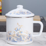 欧丽家 珐琅搪瓷杯大容量搪瓷缸子加厚搪瓷杯带盖珐琅杯加热老式铁瓷杯 12cm新-蓝海浪 1200ml 1只