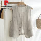 皮尔卡丹（pierre cardin）亚麻V领西装马甲背心女款夏季坎肩薄款洋气时髦棉麻马夹外套上衣 米色 XL (建议115斤-130斤)