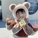 途尊儿童冬季帽子围巾一体男女童毛绒帽防风防寒护耳口罩可拆卸三件套 卡其色