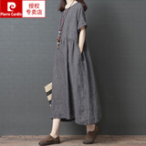 皮尔卡丹（pierre cardin）春夏2025新款时尚条纹短袖棉麻连衣裙文艺宽松显瘦亚麻长裙女针织 深灰 L 【120-135斤】