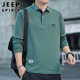 JEEP SPIRIT吉普长袖T恤男春秋季男装翻领男打底衫宽松上衣服  豆绿 L 