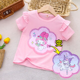 美乐蒂衣服女童夏季短袖T恤2025新款儿童变色亮片上衣小女孩半袖 粉色 130
