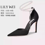 Lily Wei【月影】毛晓彤明星同款珍珠高跟鞋夏凉鞋小码情人节礼物新年红品 黑色跟高10厘米 36