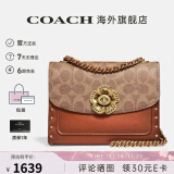 COACH蔻驰女包奢侈品大牌女士轻奢包包单肩斜挎小方包山茶花 卡其配棕色30592B4RU