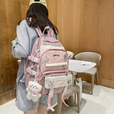 酷咖书包女日系新款双肩包韩版初中高中大学生可爱背包大容量拼色小众 粉色【带可爱挂件+徽章】