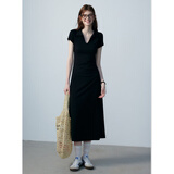 EGGKA黑色翻领连衣裙夏季新款通勤简约时尚修身收腰显瘦短袖短裙 黑色-长E24D1232BK XL