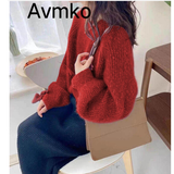 Avmko秋冬今年流行重工灯笼袖针织衫马海毛宽松显瘦外穿慵懒风毛衣女 红色 S