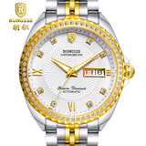 朗积（RONGISS） 黄金色手表商务情侣金表男士防水自动机械表瑞士女士纯金色腕表 单钻间白机械表-男款