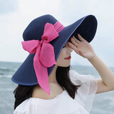 维捷夫遮阳帽女士太阳帽夏天沙滩大沿帽子折叠防晒草帽女 藏蓝玫红带