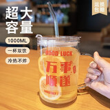 艮泊 水杯大容量玻璃杯男女咖啡杯办公室喝水杯网红高颜值夏天杯子 【顺遂】玻璃吸管 1000ml
