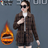 啄木鸟秋冬女士格子毛呢短外套女2025新款大码百搭中年妈妈加厚加绒上衣 咖啡色【加绒】 加厚 XL 建议100-110斤