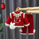 欧遥一周岁女宝宝衣服加绒加厚女童套装周岁礼服冬季新中式喜庆拜年服 红色夹棉加厚拜年服两件套+包包 90 建议身高80-90年龄1-2岁 90
