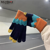 慕衣宾士韩版情侣毛线手套男冬季加厚加绒保暖手套女冬天五指触屏手套骑行学生可爱防寒手套 藏青色 均码（男女通用）