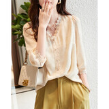 德玛纳（dme）【好久不见系列】夏法式通勤V领提花衬衫七分袖蕾丝衬衣女装上衣