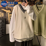 忆克萨 国潮春夏毛衣背心男潮牌ins港风情侣线衣马甲韩版潮流学院风V领 杏色 XL