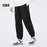 森马森马休闲裤男秋冬季加绒宽松抽绳束脚休闲拼接摇粒绒运动裤子 黑色90001 170/74A/M