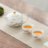 金镶玉 羊脂玉瓷一壶两杯套装 白瓷陶瓷办公家用西施壶茶杯功夫茶具套组 山水白瓷描金一壶两杯套组