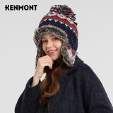 卡蒙（Kenmont）绵羊毛可爱毛球护耳针织帽女粗毛线加绒加厚保暖毛线帽km-9443