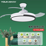 佑家（YOUKAIN） 变频隐形扇餐厅现代简约吊扇灯北欧小客厅风扇灯LED创意吊灯风扇 黑色灯罩 42寸哑白 （不含安装）