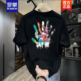 罗蒙（ROMON）美式痞帅重磅纯棉短袖T恤青年男女款夏季ins潮牌街头宽松韩版上衣 黑色 M 建议100-120斤